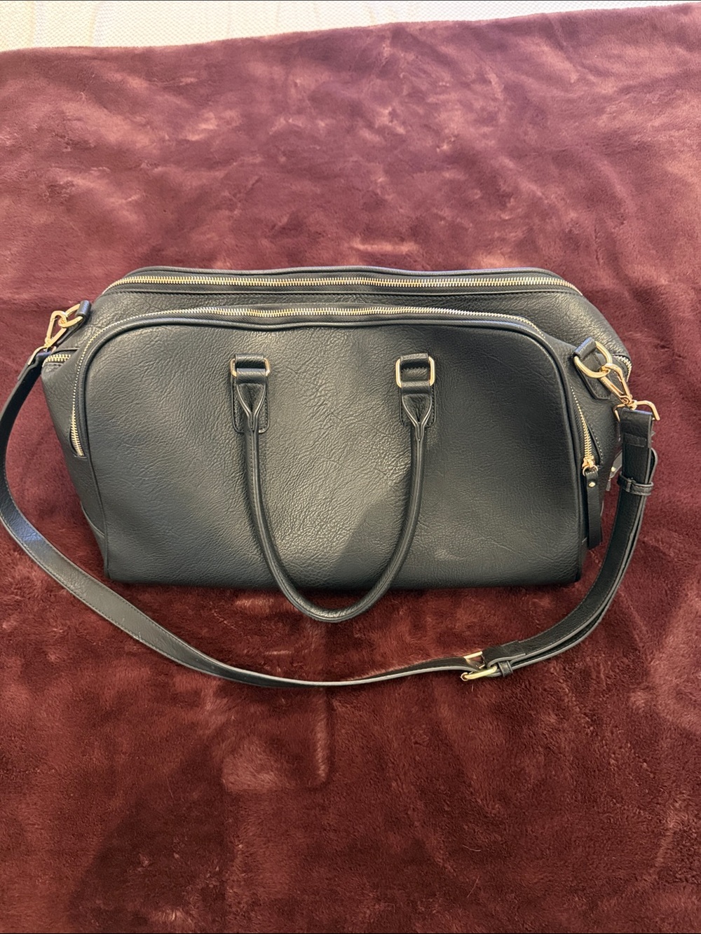 Madison West Black Leather Duffel with Gold-Tone Hardware